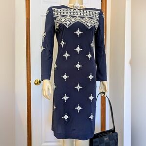 Tory Burch Elegant Navy Blue Dress With White Geometric Patterns